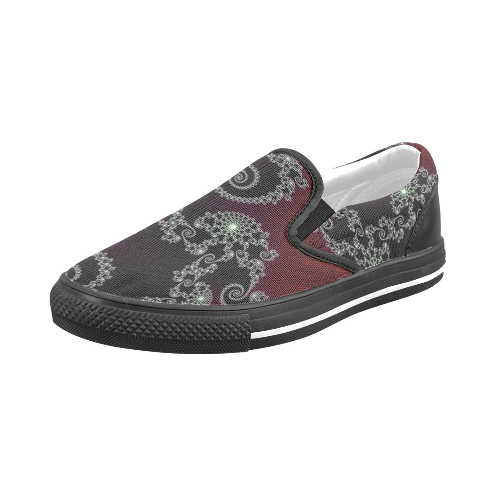 Black and White Lace on Maroon Velvet Fractal Abstract Men's Slip-on Canvas Shoes (Model 019)