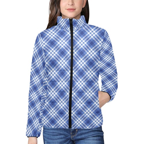 Tartan Plaid Blue Women's Stand Collar Padded Jacket (Model H41)