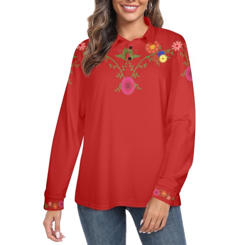 Flowers on the Vine Row / Red Women's Long Sleeve Polo Shirt (Model T73)