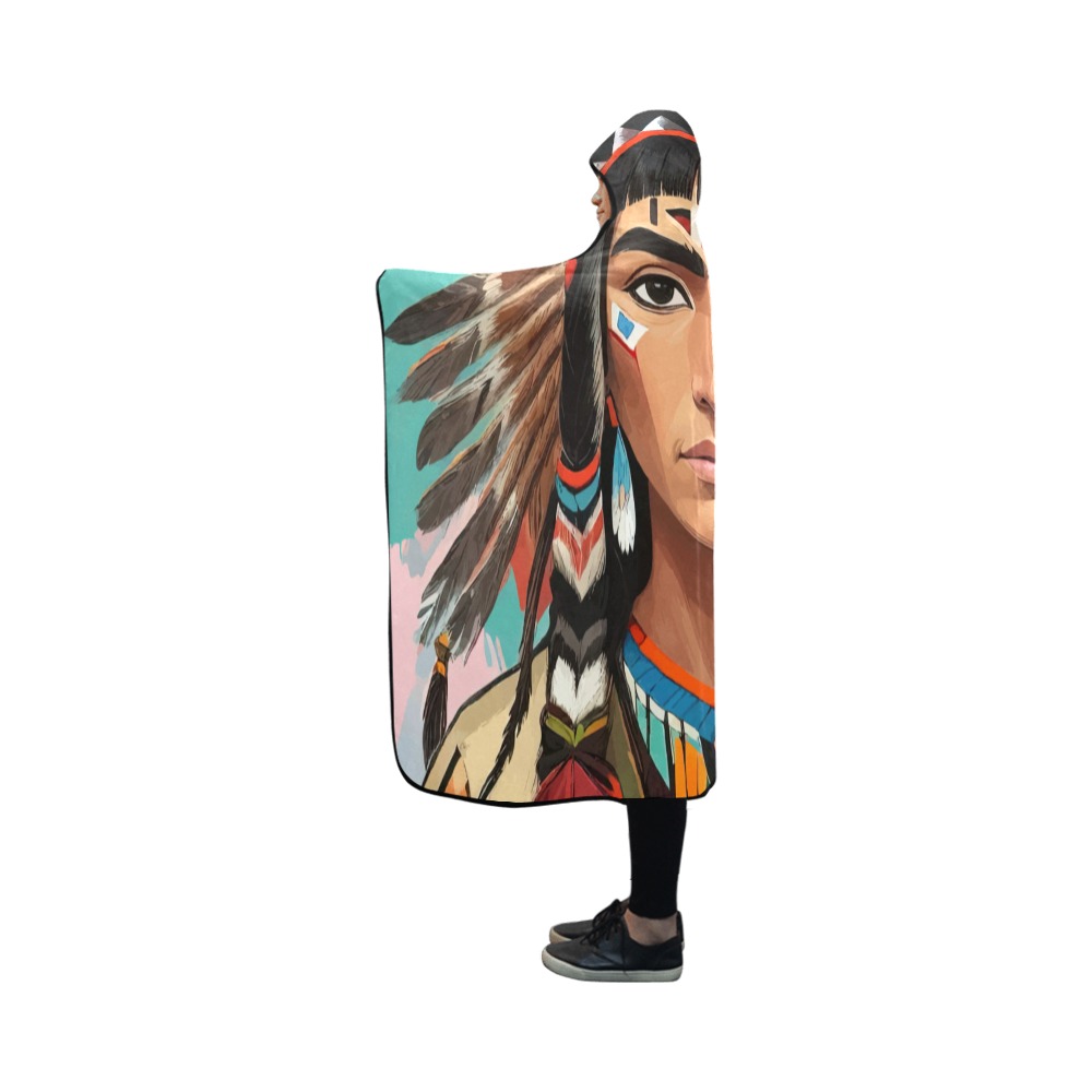 Fantasy art of Native American young person. Hooded Blanket 50''x40''