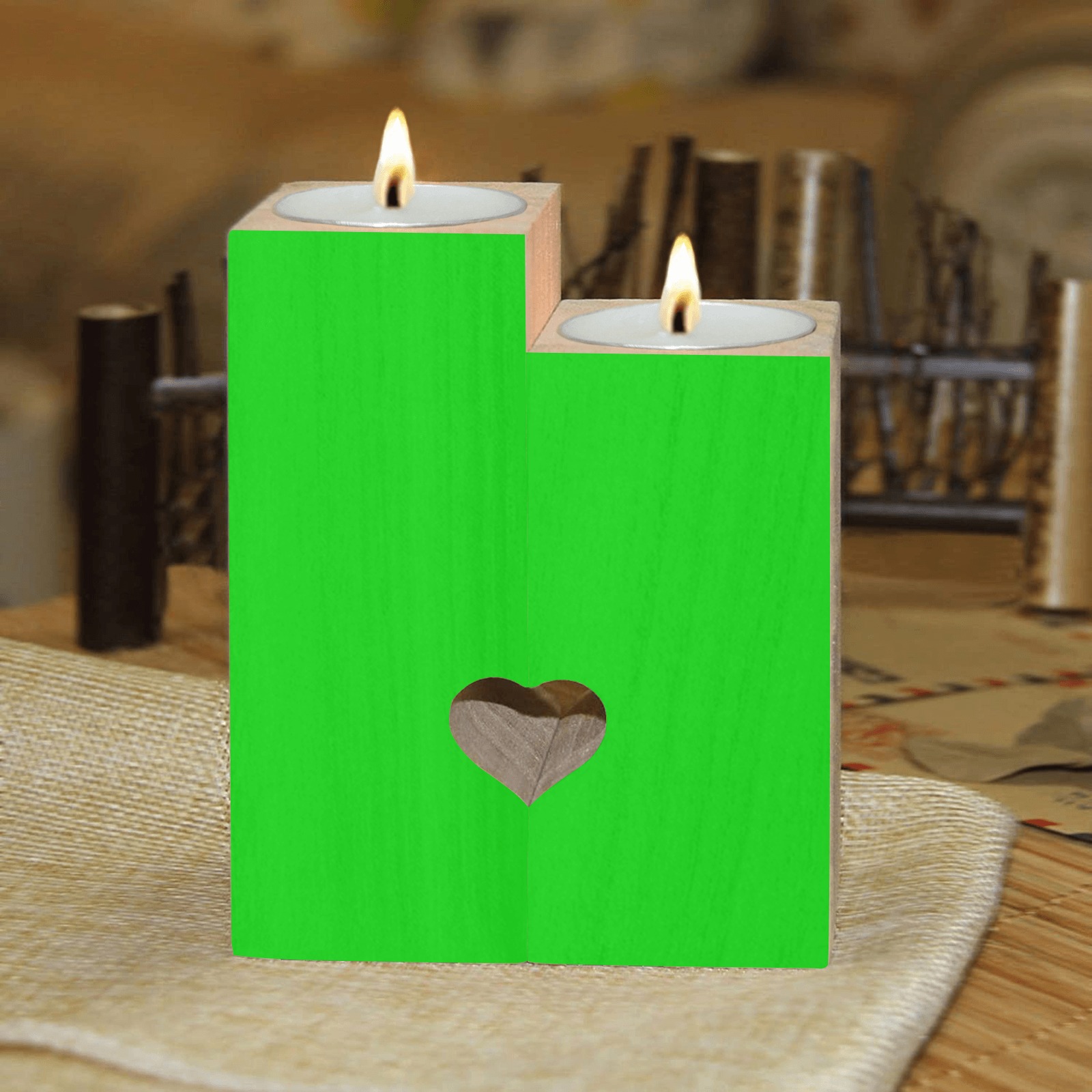 Merry Christmas Green Solid Color Wooden Candle Holder (Without Candle)