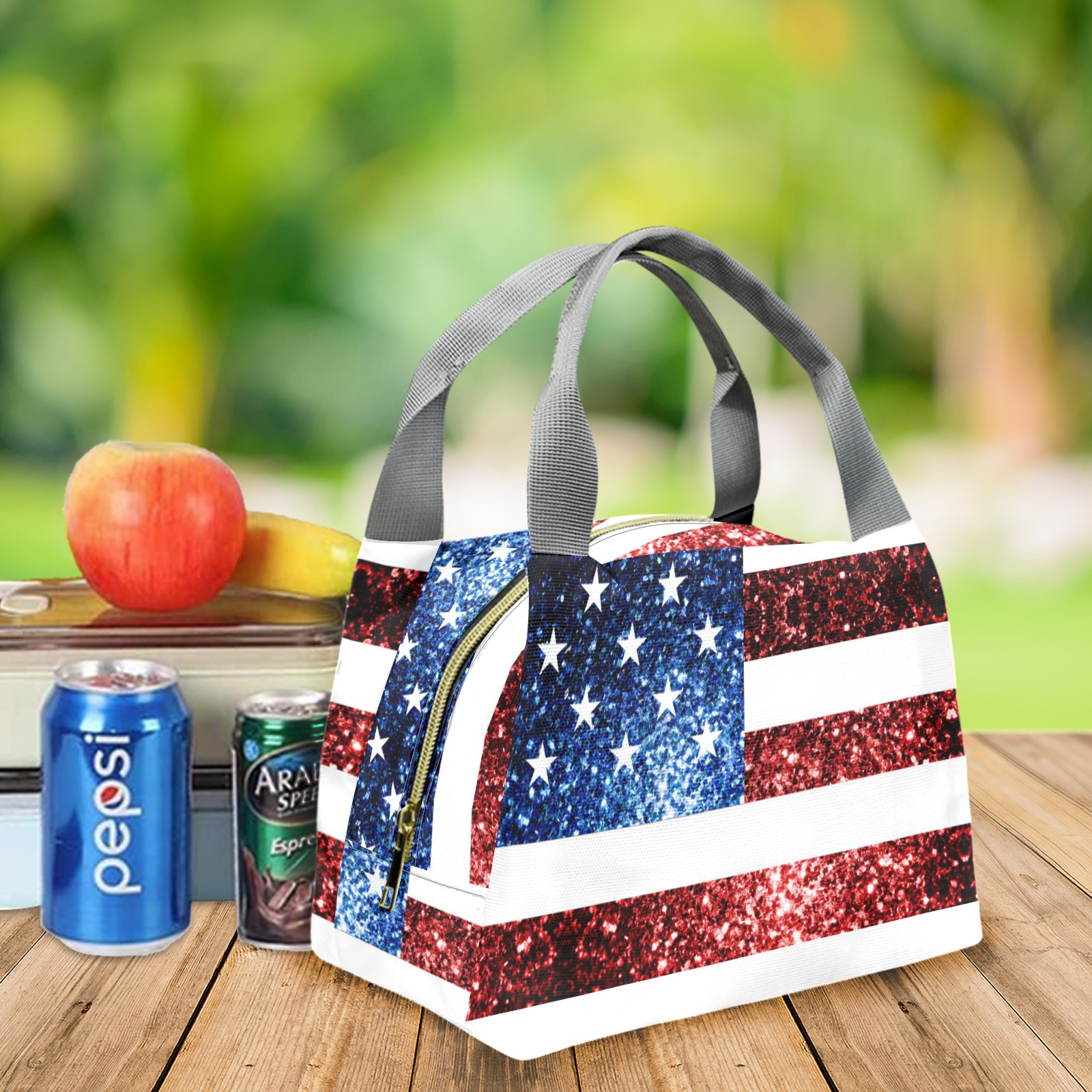 Sparkly USA flag America Red White Blue faux Sparkles patriotic bling 4th of July Portable Lunch Bag-Grey Handle (Model 1742)