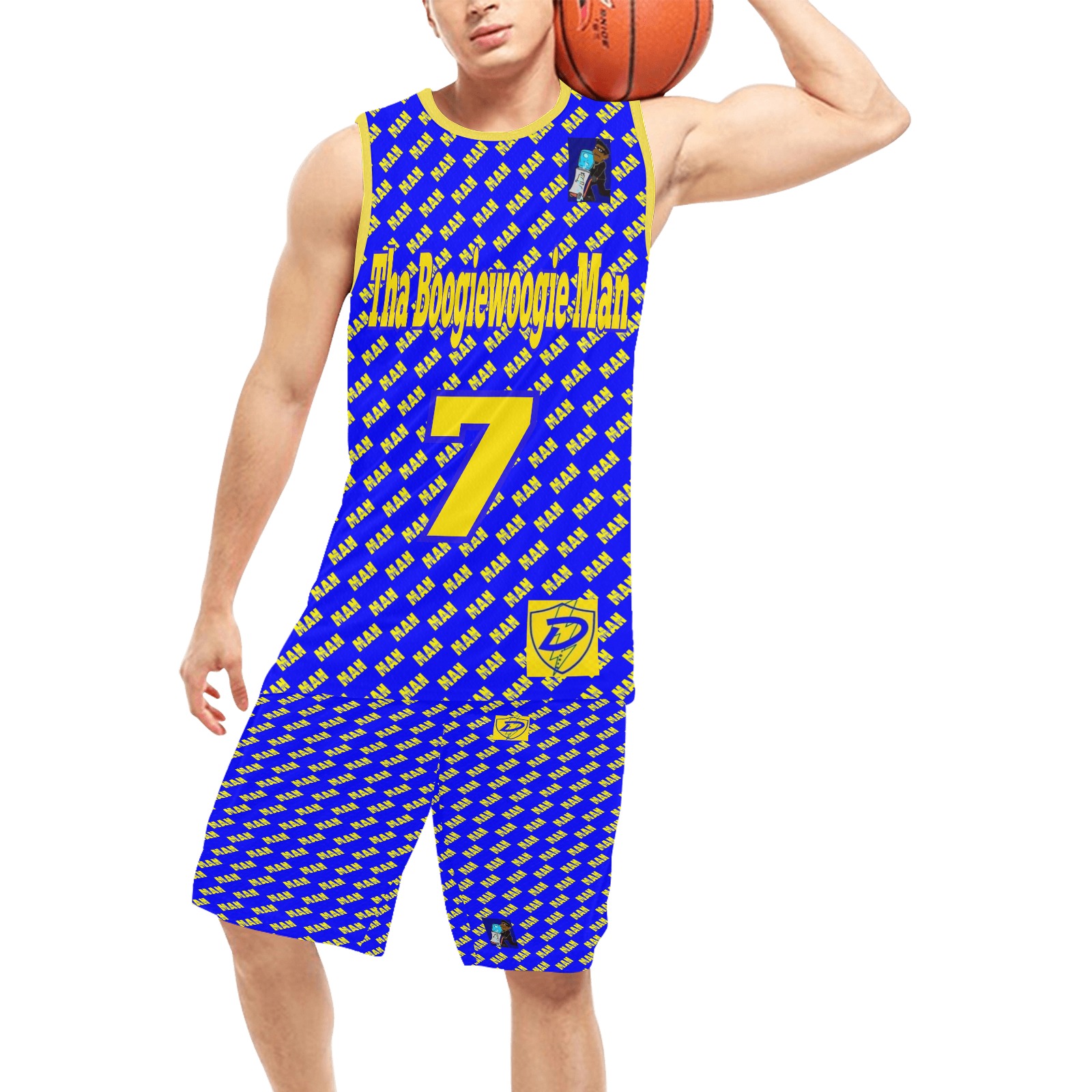 Tha Boogiewoogie Man Basketball Jersey & Shorts(Uniform Blue & Yellow Logo Repeat) Basketball Uniform with Pocket