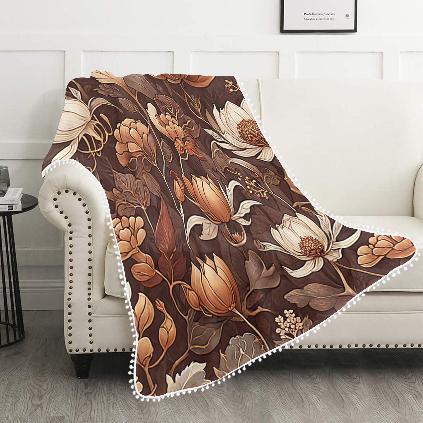 Fabulous Florals 38 Pom Pom Fringe Blanket 60"x80"