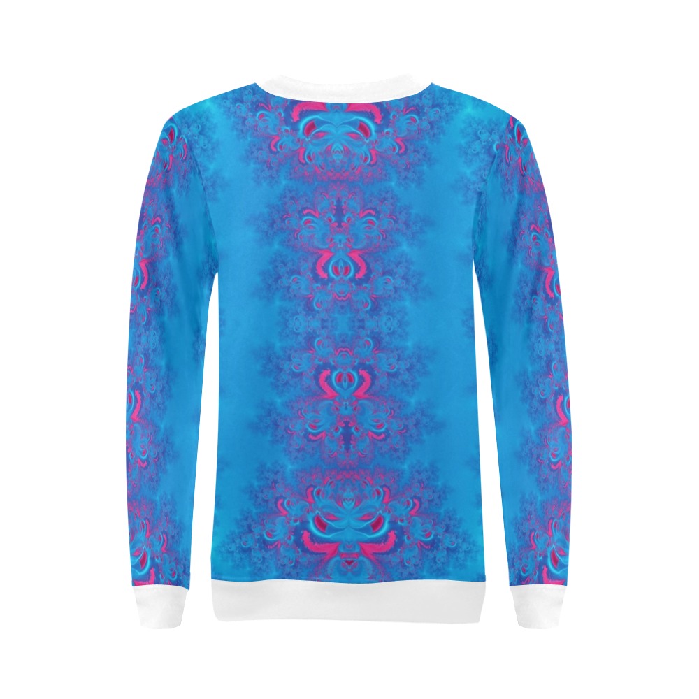 Blue Flowers on the Ocean Frost Fractal All Over Print Crewneck Sweatshirt for Women (Model H18)