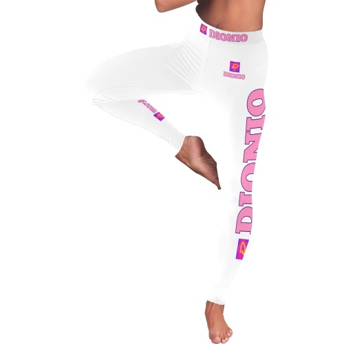 DIONIO Clothing - Ladies' White & Pink Leggings (Pink D-Shield Logo) Women's Low Rise Leggings (Invisible Stitch) (Model L05)