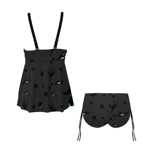 Aliens and Spaceships - Charcoal Black Chest Drawstring Swim Dress (Model S30)