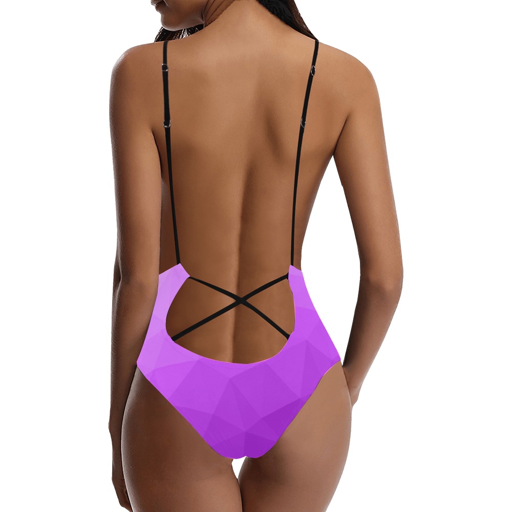Purple gradient geometric mesh pattern Sexy Lacing Backless One-Piece Swimsuit (Model S10)