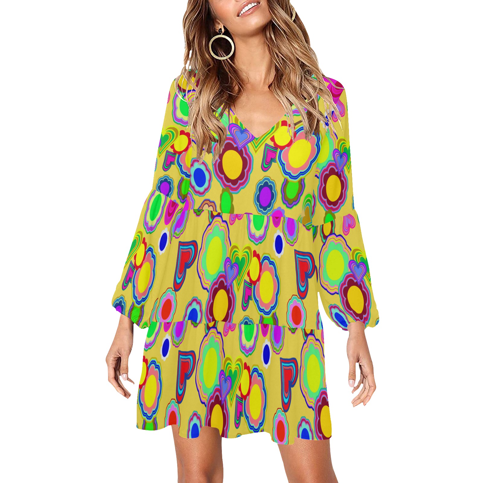 Groovy Hearts and Flowers Yellow V-Neck Loose Fit Dress (Model D62)