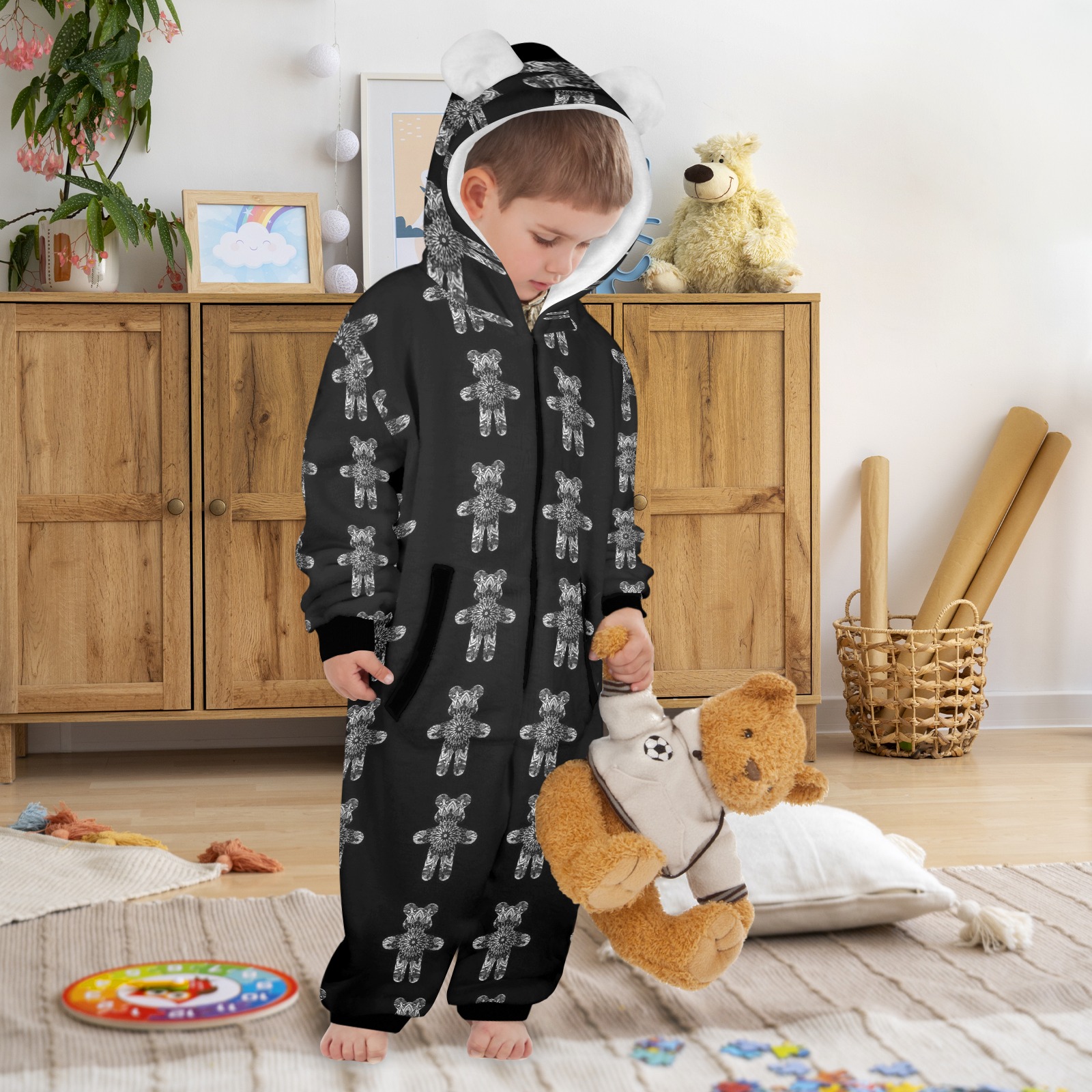 nounours 1g One-Piece Zip up Hooded Pajamas for Little Kids