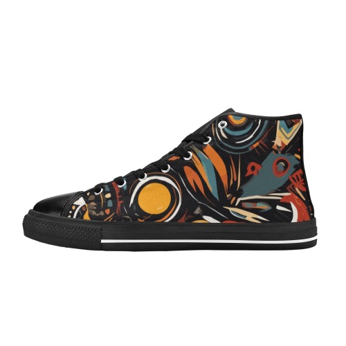 Tribal pattern of colorful shapes on black. Women's Classic High Top Canvas Shoes (Model 017)
