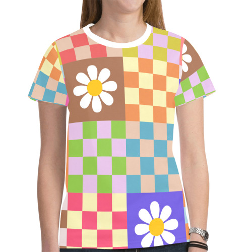 Mid Century Geometric Checkered Retro Floral Daisy Flower Pattern New All Over Print T-shirt for Women (Model T45)