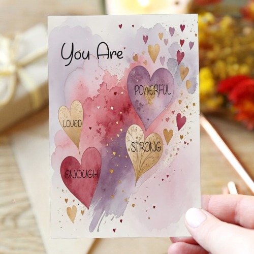 Custom Greeting card Galentine's You Are Enough pink/purple/gold hearts
