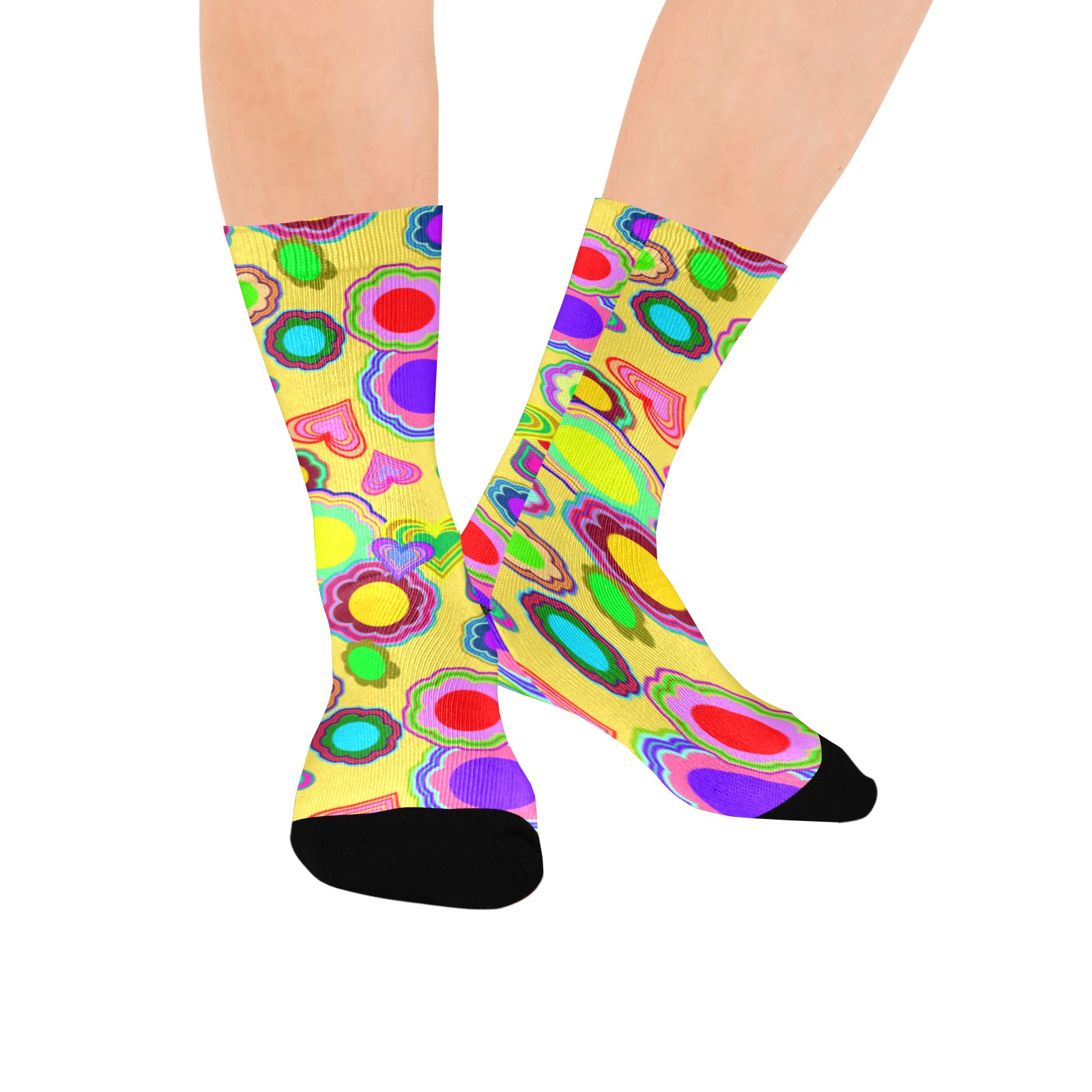 Groovy Hearts and Flowers Yellow Custom Socks for Women