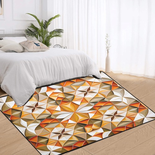 repeating pattern, white, orange and cream Area Rug with Black Binding 7'x5'