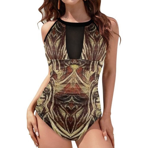 Necro Woman. Women's High Neck Plunge Mesh Ruched Swimsuit (S43)