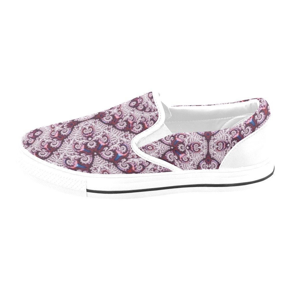 White Lace on Maroon Fractal Abstract Women's Slip-on Canvas Shoes (Model 019)