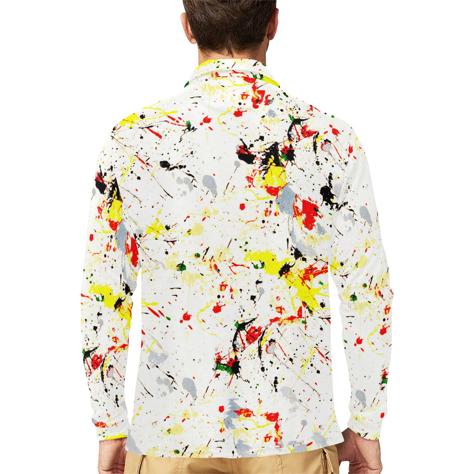 Yellow, Red, Black Paint Splatter Men's Long Sleeve Polo Shirt (Model T73)