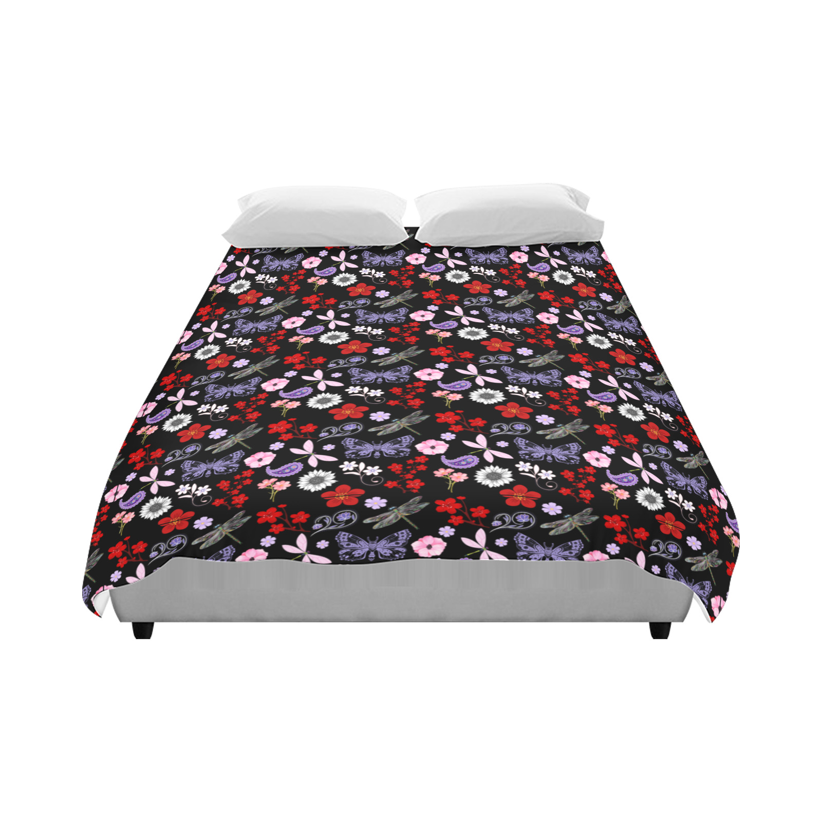 Black, Red, Pink, Purple, Dragonflies, Butterfly and Flowers Design Duvet Cover 86"x70" ( All-over-print)