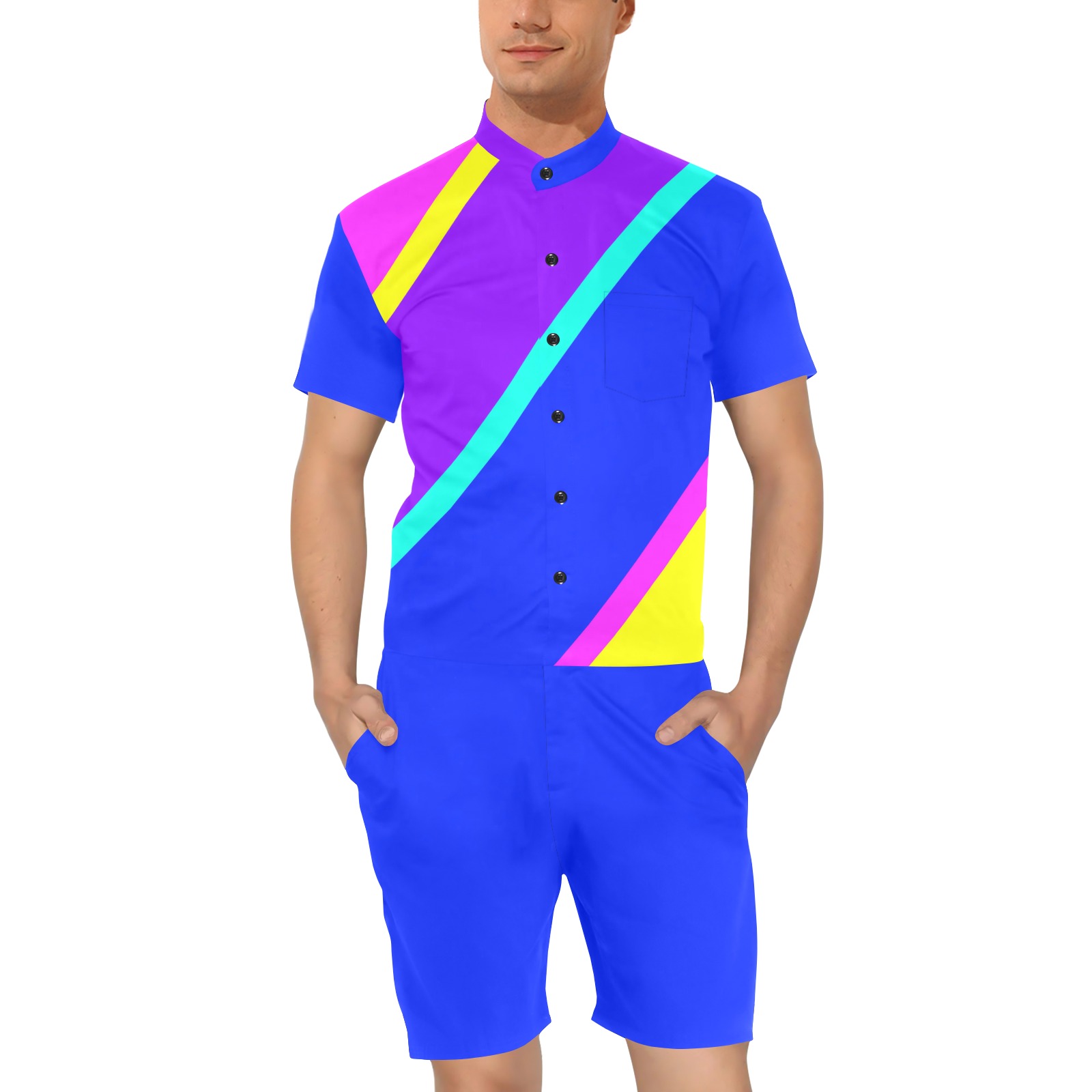 Bright Neon Colors Diagonal Blue Men's Short Sleeve Jumpsuit