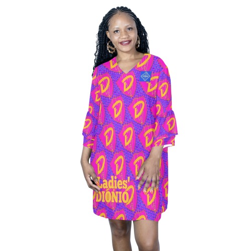 DIONIO - Ladies Half sleeves V-Neck Mini Dress (Pink,Yellow & Purple Logo) Half Sleeves V-Neck Mini Dress (Model D63)