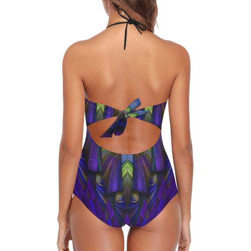 purple green fractal Lace Band Embossing Swimsuit (Model S15)
