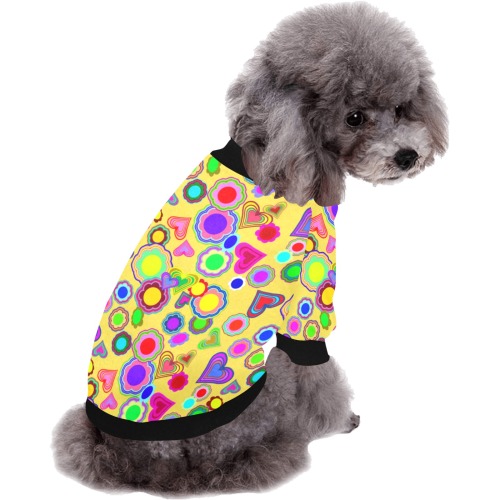Groovy Hearts and Flowers Yellow Pet Dog Round Neck Shirt