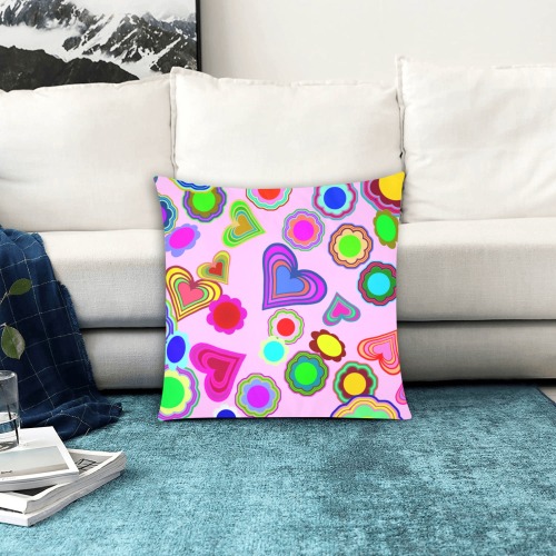 Groovy Hearts and Flowers Pink Custom Zippered Pillow Cases 18"x18" (Two Sides)