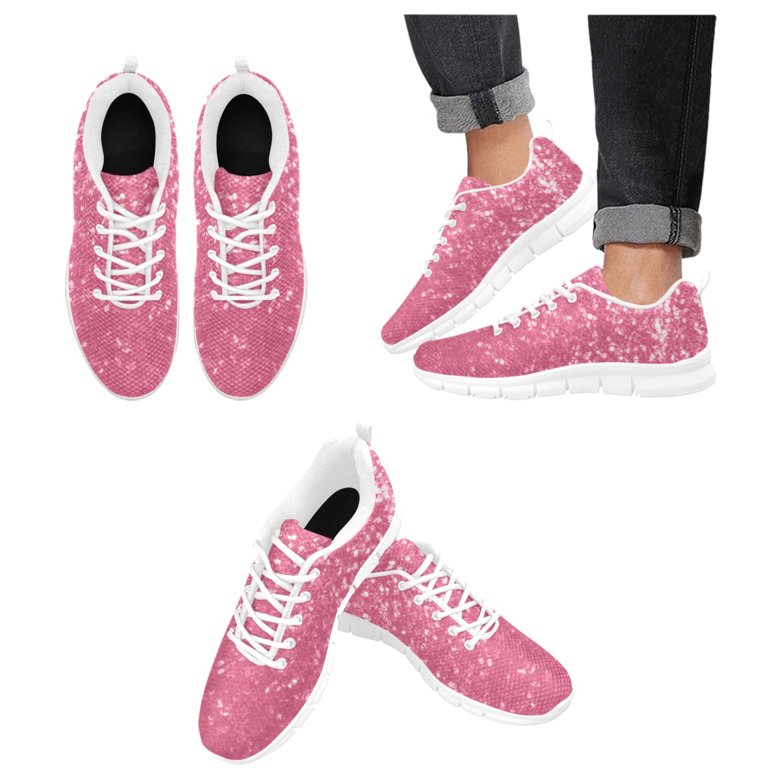Magenta light pink red faux sparkles glitter Women's Breathable Running Shoes (Model 055)