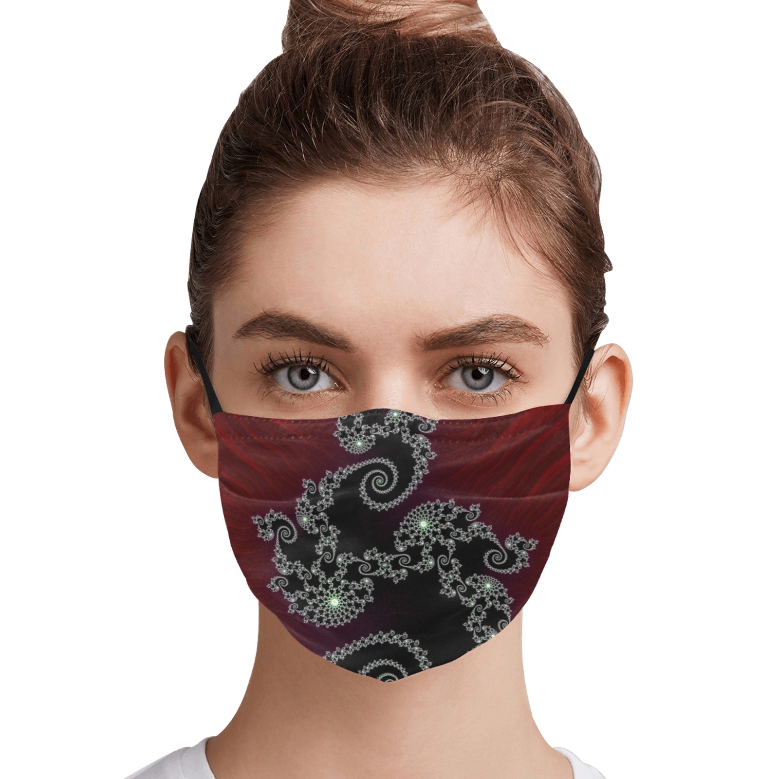 Black and White Lace on Maroon Velvet Fractal Abstract Pleated Mouth Mask for Adults (Model M08)