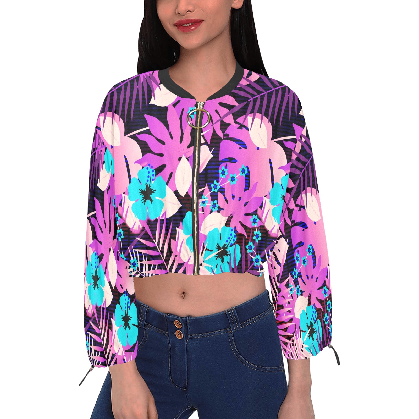 GROOVY FUNK THING FLORAL PURPLE Cropped Chiffon Jacket for Women (Model H30)