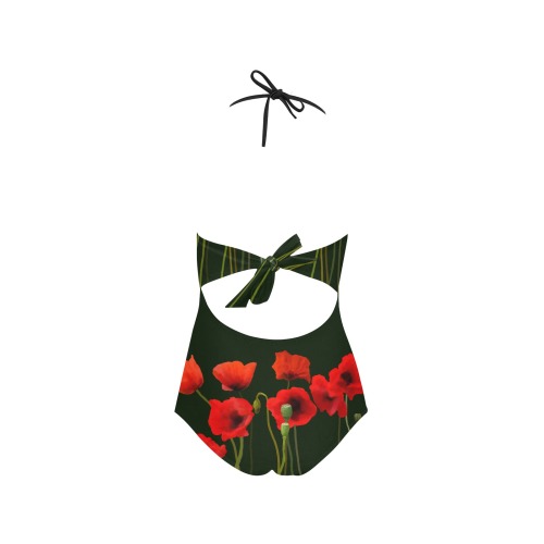 Poppies Floral Design on dark green Papaver somniferum Lace Band Embossing Swimsuit (Model S15)