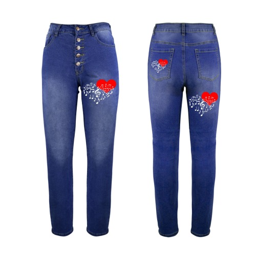 Singing Heart Red Note Music Love Romantic White Women's Jeans (Front&Back Printing)
