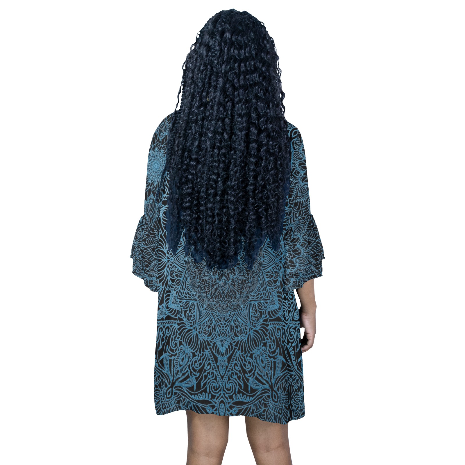 Mandala tapestry-noir et bleu Half Sleeves V-Neck Mini Dress (Model D63)