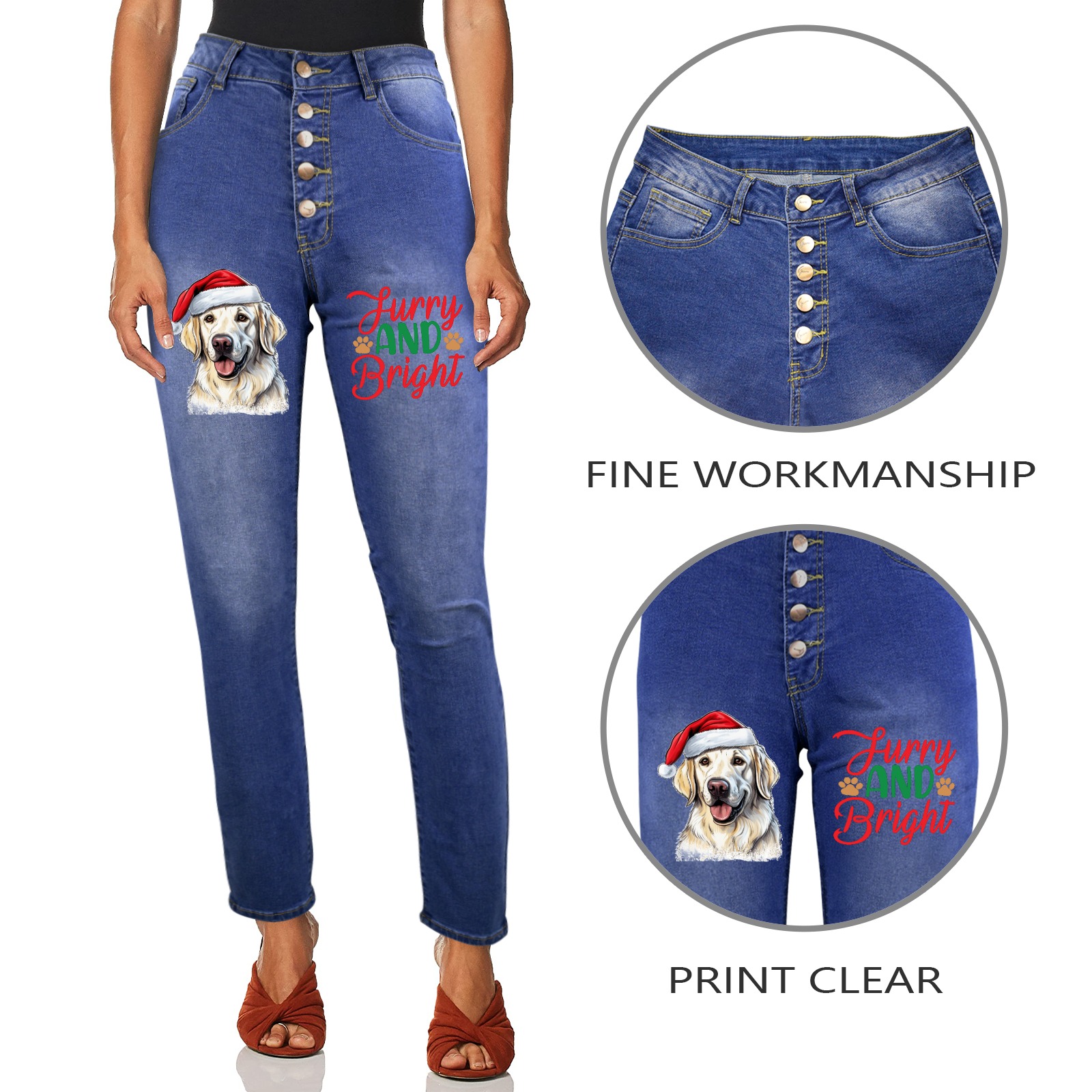 Fury And Bright Christmas Golden Retriever Women's Jeans (Front Printing)
