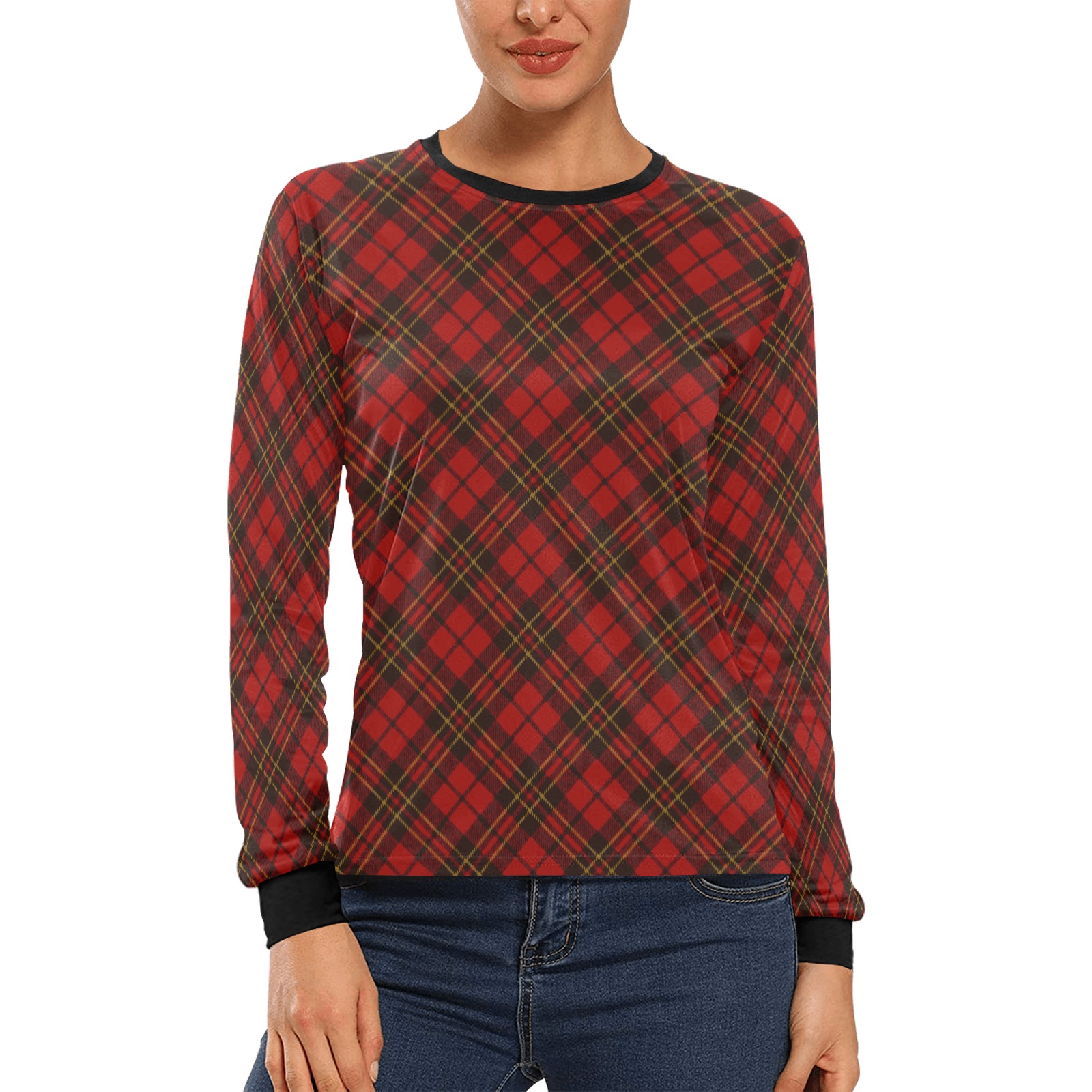 Red tartan plaid winter Christmas pattern holidays Women's All Over Print Long Sleeve T-shirt (Model T51)