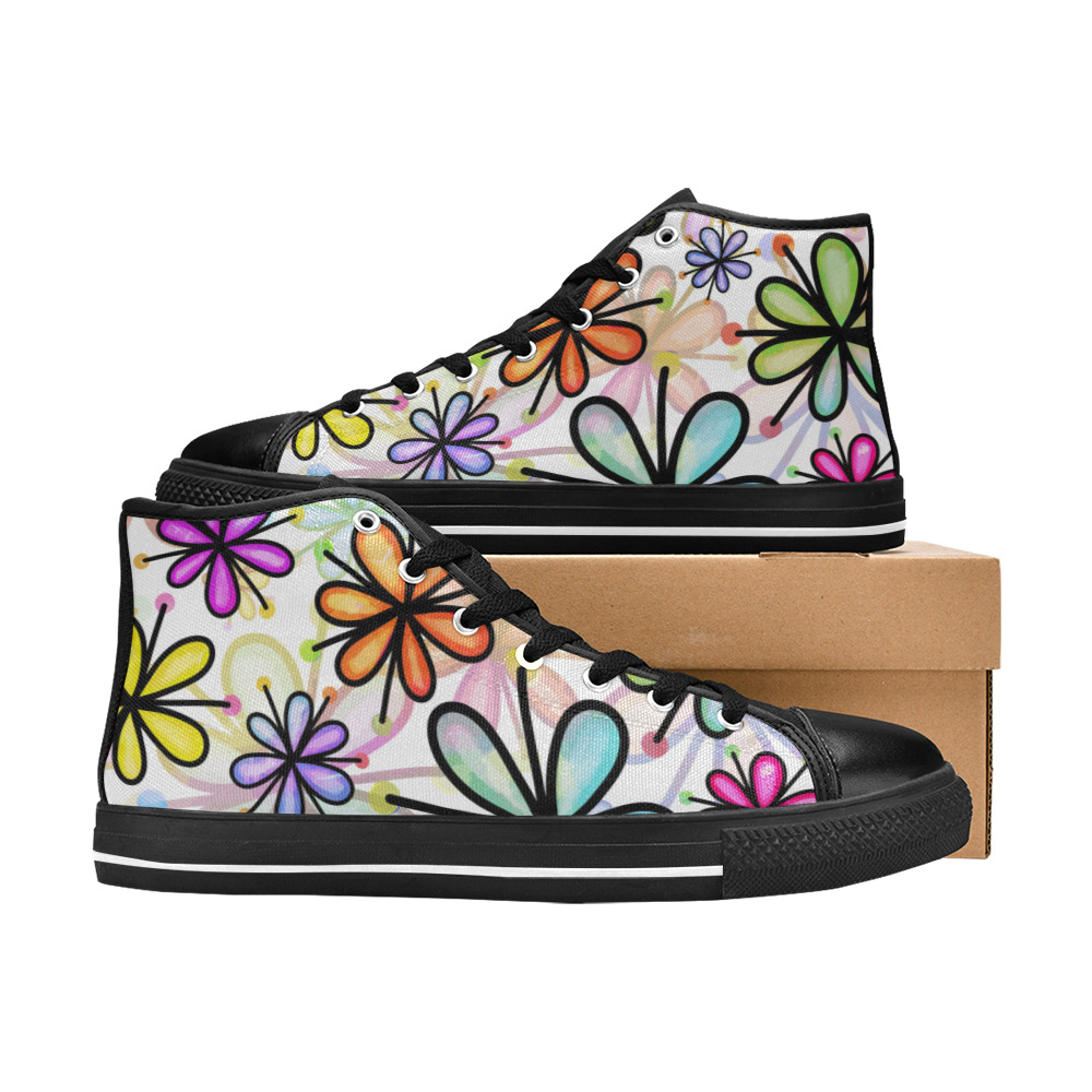 Watercolor Rainbow Doodle Daisy Flower Pattern Women's Classic High Top Canvas Shoes (Model 017)