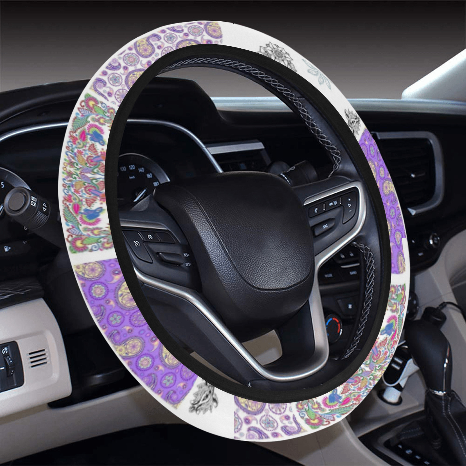 Purple Paisley Birds and Animals Patchwork Design Steering Wheel Cover with Elastic Edge