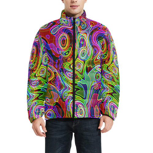 Abstract Retro Neon Pattern Background Design Men's Stand Collar Padded Jacket (Model H41)