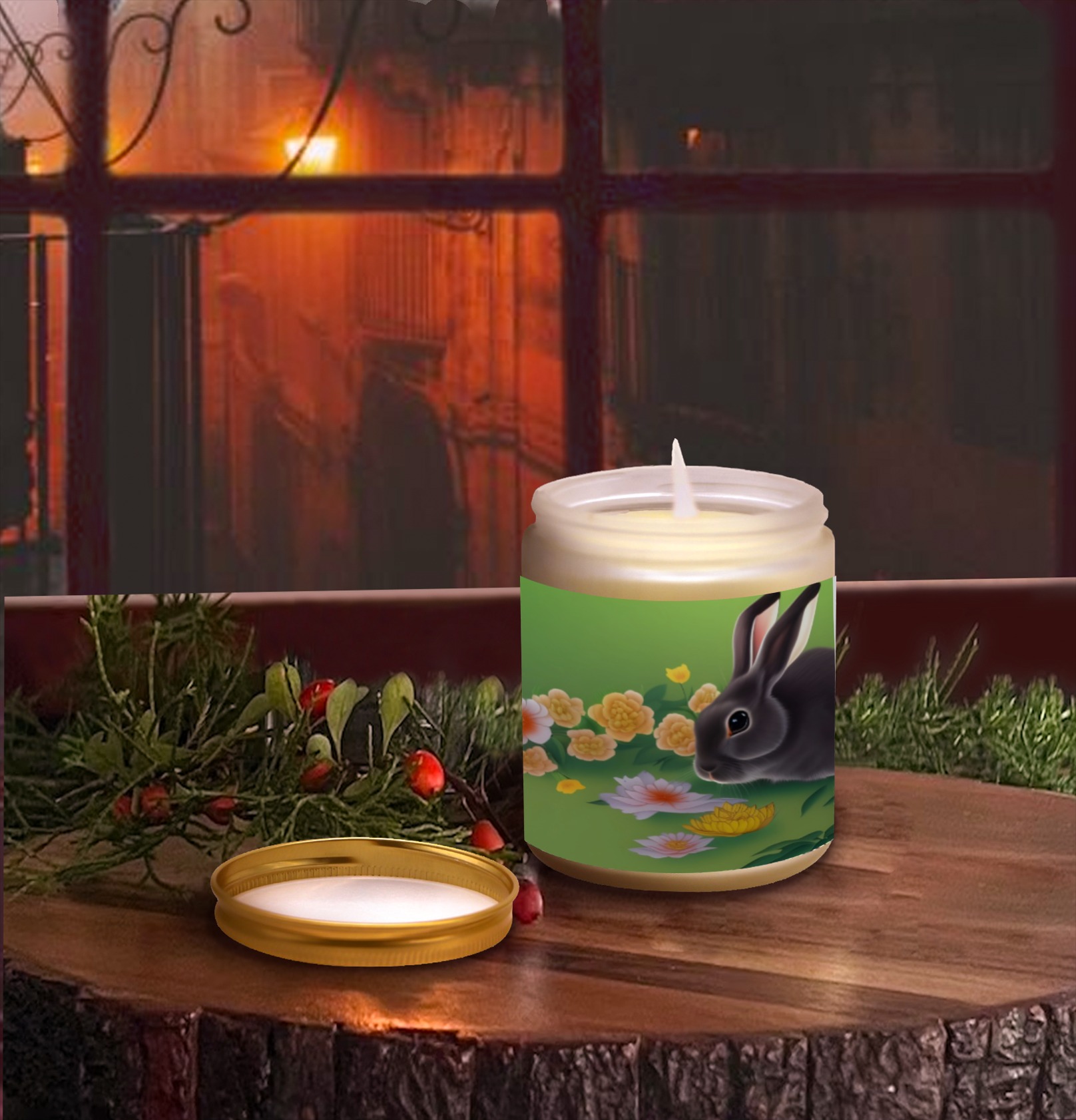 Rabbit and Flowers Frosted Glass Candle Cup - Large Size (Lavender&Lemon)