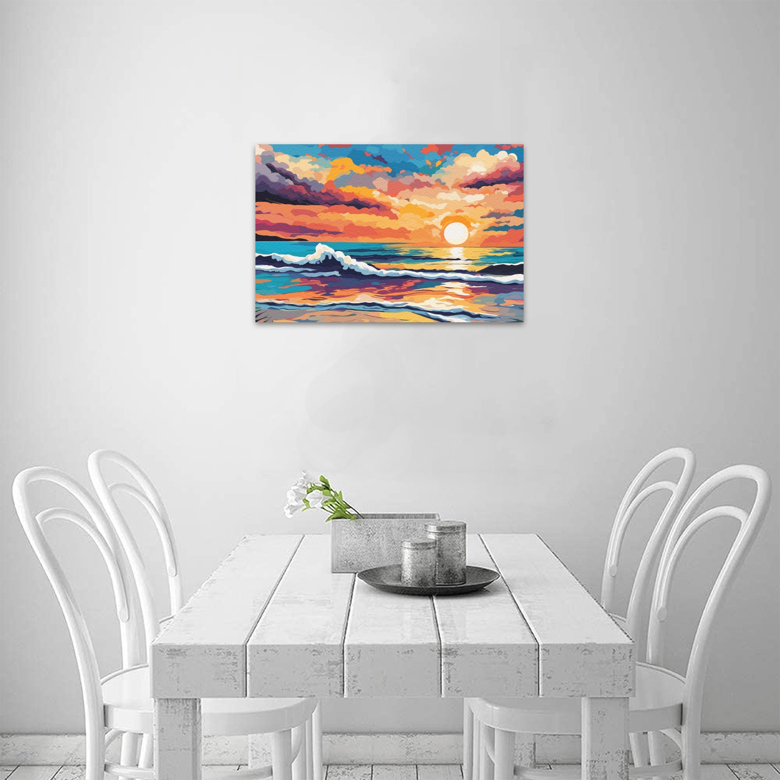 Deserted tropical beach at colorful sunset art. Upgraded Canvas Print 18"x12"