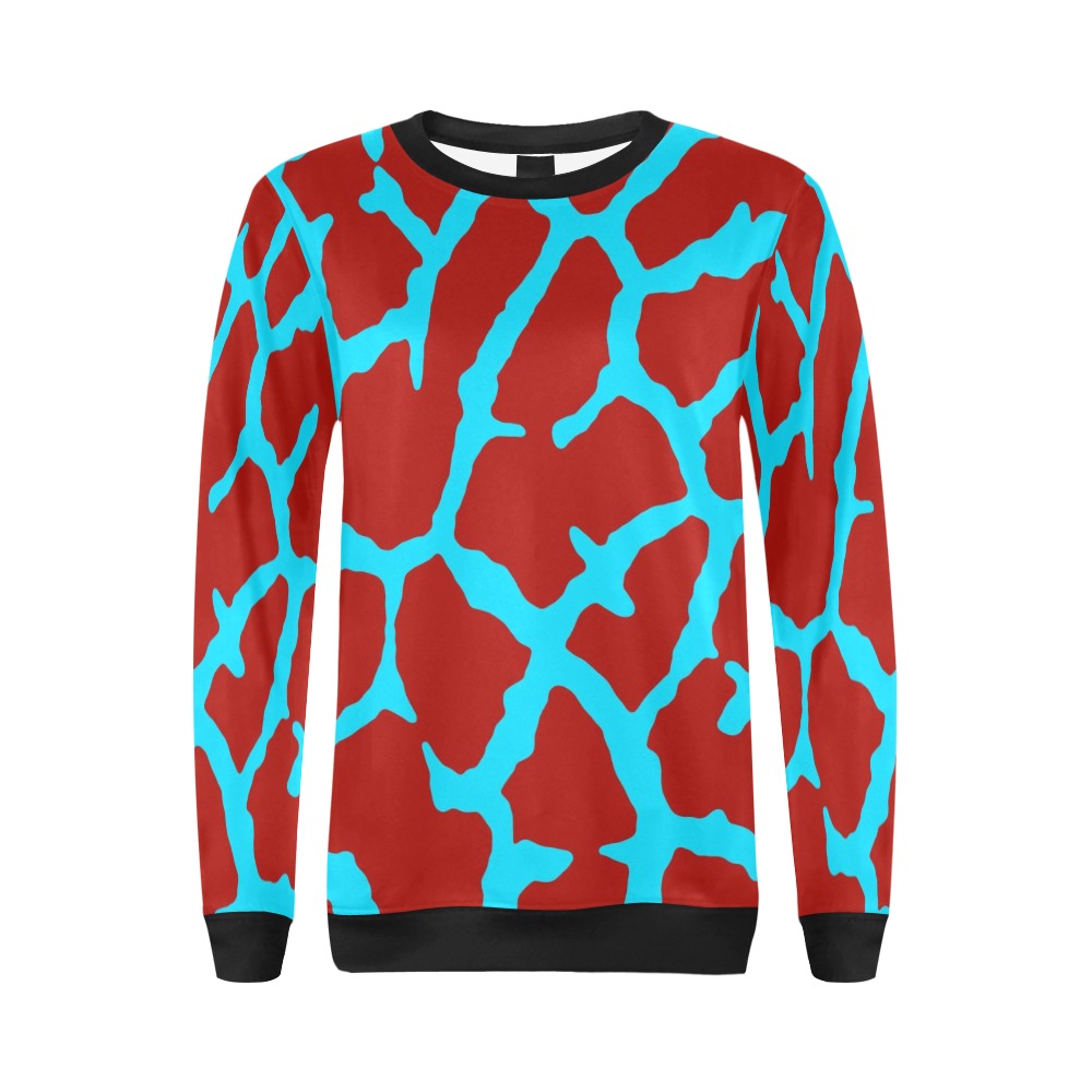Giraffe Print Red Cyan All Over Print Crewneck Sweatshirt for Women (Model H18)