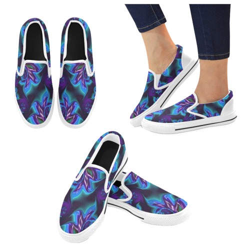 Aqua Blue and Purple Flowers Fractal Abstract Slip-on Canvas Shoes for Kid (Model 019)
