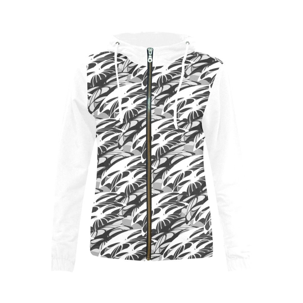 Alien Troops Pattern - White Sleeves All Over Print Full Zip Hoodie for Women (Model H14)