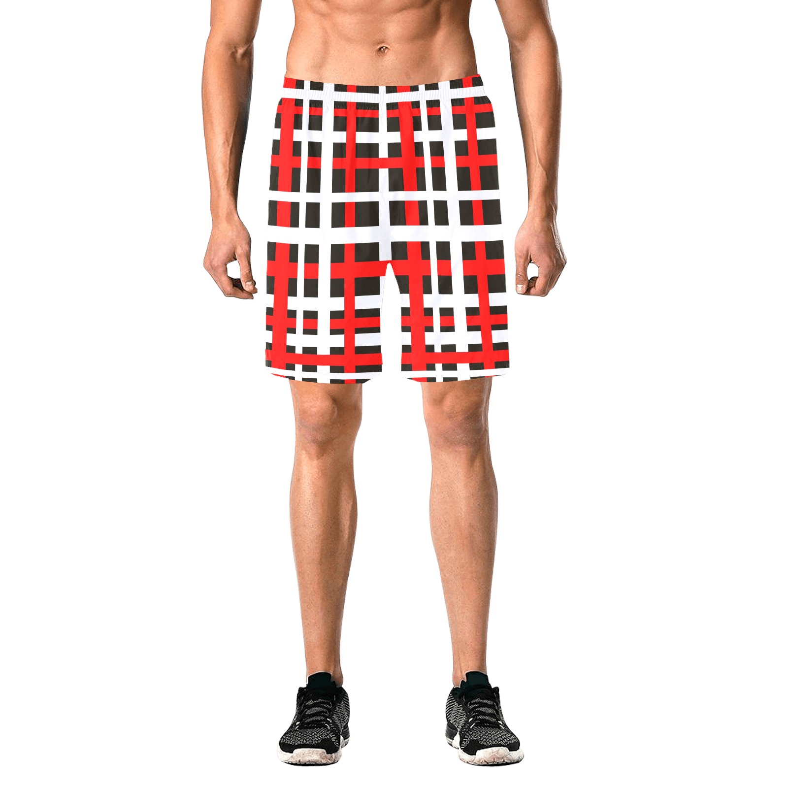 Interlocking Stripes Black White Red Men's All Over Print Elastic Beach Shorts (Model L20)