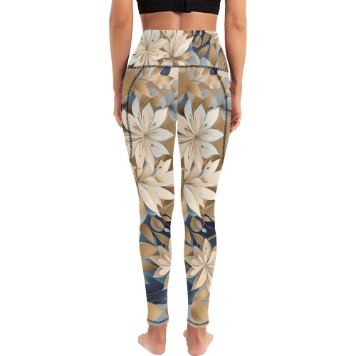 Beige and Blue Contemporary Flowers Women's All Over Print Leggings with Pockets (Model L56)