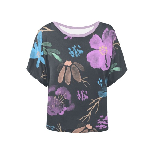 Pink and Blue Watercolor Flowers Women's Batwing-Sleeved Blouse T shirt (Model T44)