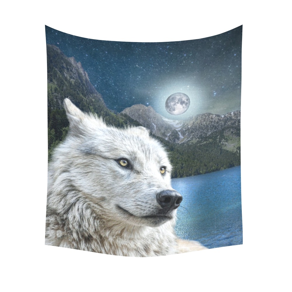 White Wolf and Moonlight Cotton Linen Wall Tapestry 51"x 60"
