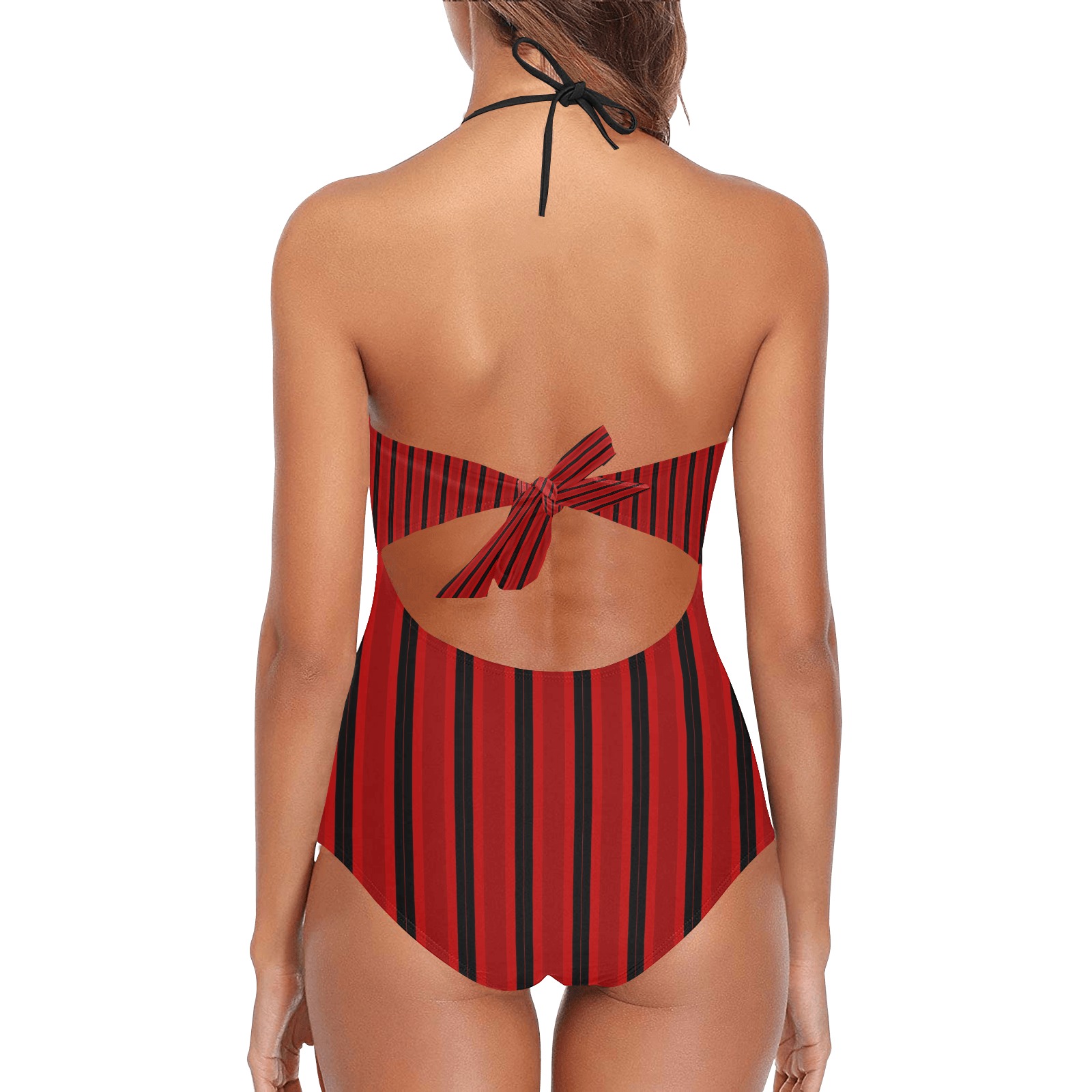 Black and Red Stripes Lace Band Embossing Swimsuit (Model S15)