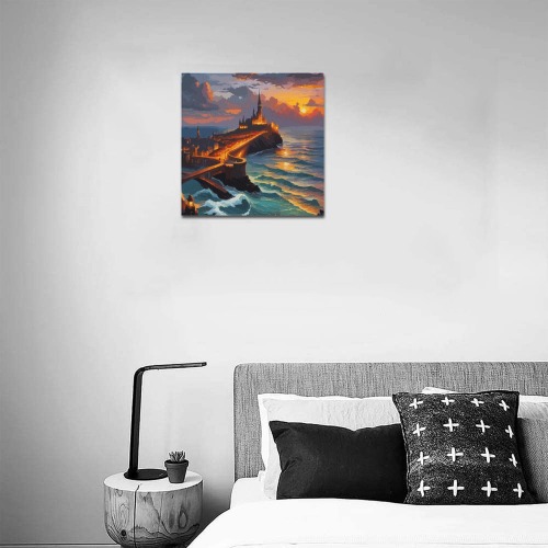 Dark fantasy city by the ocean at sunset cool art. Upgraded Canvas Print 16"x16"